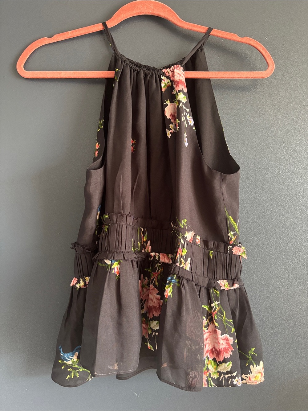 Joie Black Floral Halter Tank Top with Pink & Green Blooms